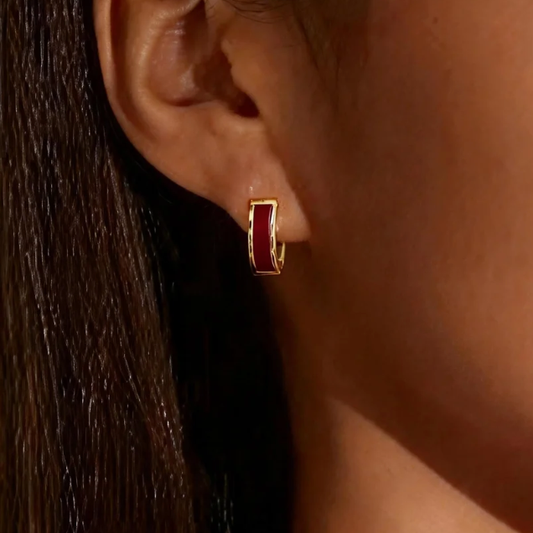 Red Enamel Huggie Earrings