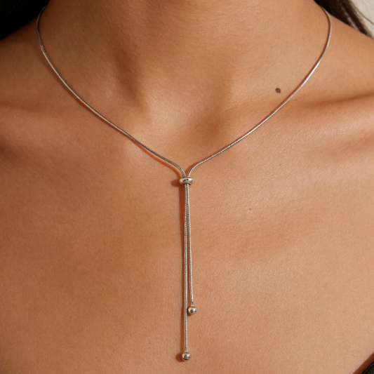 Silver adjustable lariat necklace worn on neck, minimalist snake chain jewelry for women