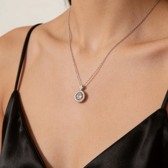 Silver mini halo moissanite circle pendant necklace worn on neck, minimalist dainty moissanite layering jewelry for women