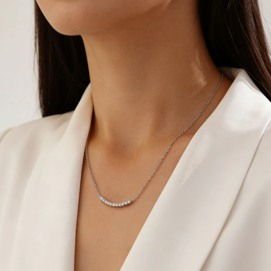 Silver moissanite smile necklace worn on neck, minimalist curved bar pave moissanite pendant jewelry for women