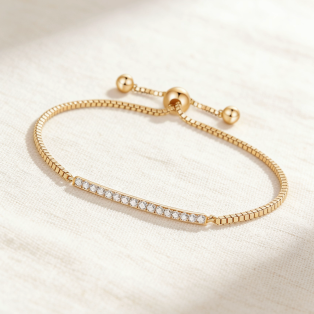 Gold box chain crystal bar slider bracelet, minimalist pavé adjustable jewelry for women