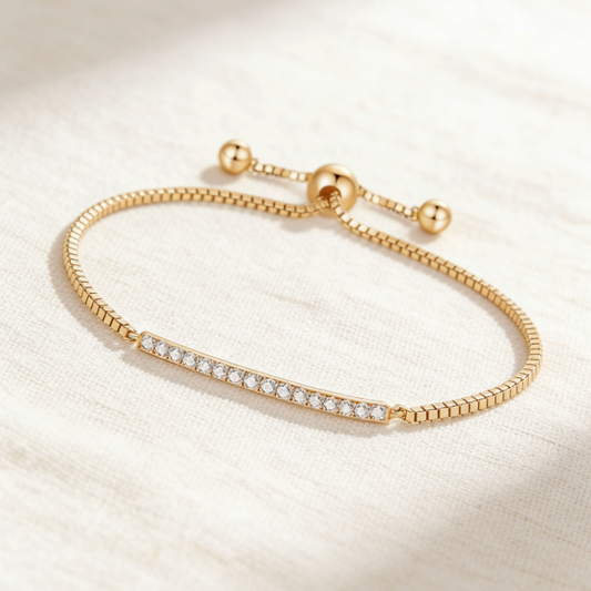 Gold box chain crystal bar slider bracelet, minimalist pavé adjustable jewelry for women