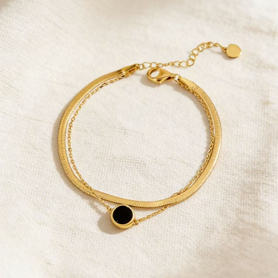 Gold double layer herringbone bracelet with black agate, minimalist layered jewelry for women
