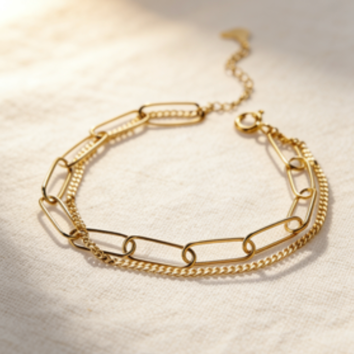 Gold double layer paperclip chain bracelet, minimalist layered jewelry for women