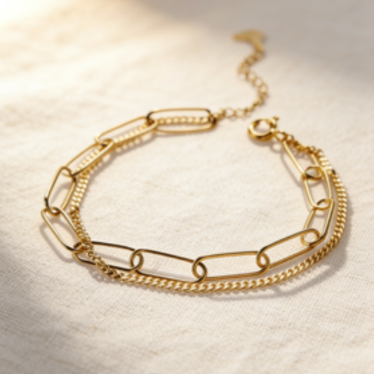 Gold double layer paperclip chain bracelet, minimalist layered jewelry for women