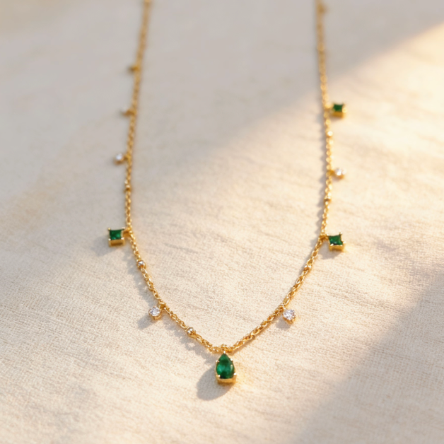 Gold emerald gemstone teardrop choker necklace, minimalist square emerald and crystal station jewelry for women