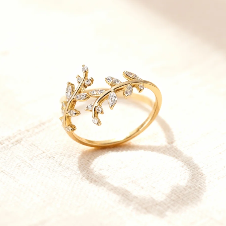 Gold leaf crystal adjustable open ring, delicate branch design jewelry for women