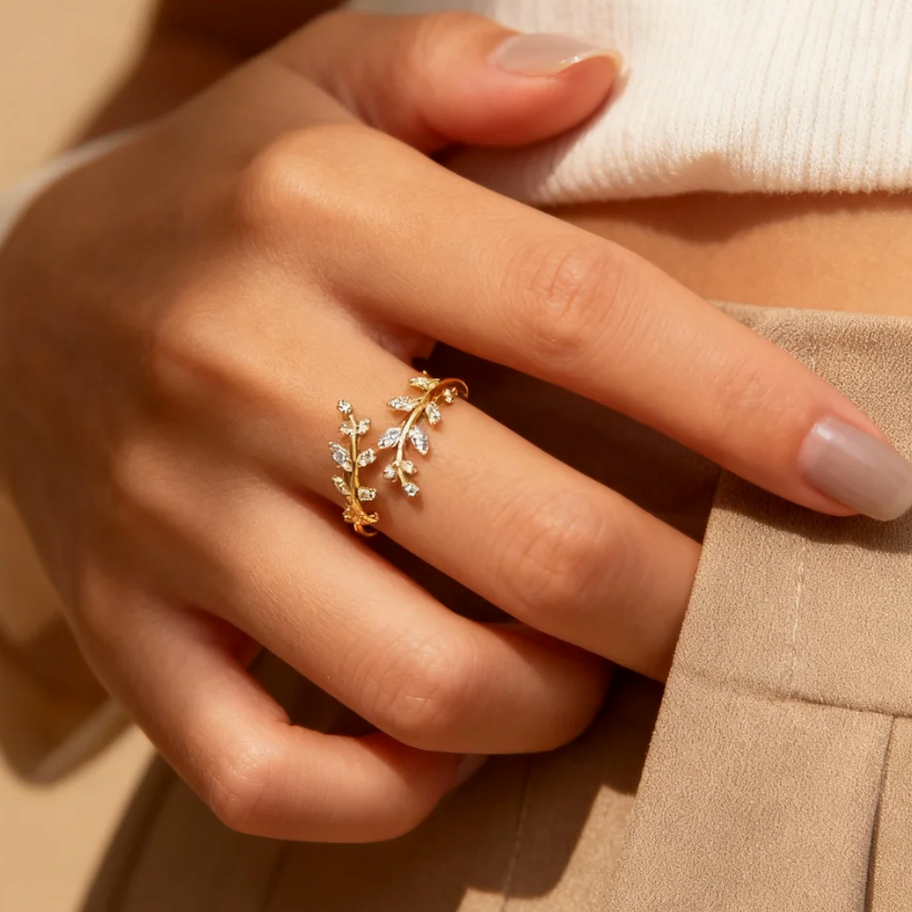 Gold leaf crystal open ring worn on finger, delicate double branch design jewelry for women