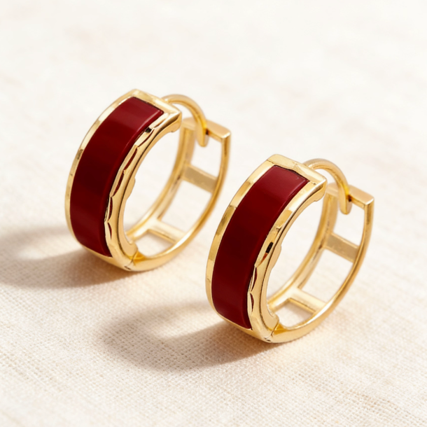 Gold red enamel huggie hoop earrings, minimalist textured metal jewelry for women