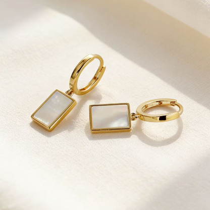 Gold square white mother-of-pearl huggie drop earrings, minimalist dangle jewelry for women