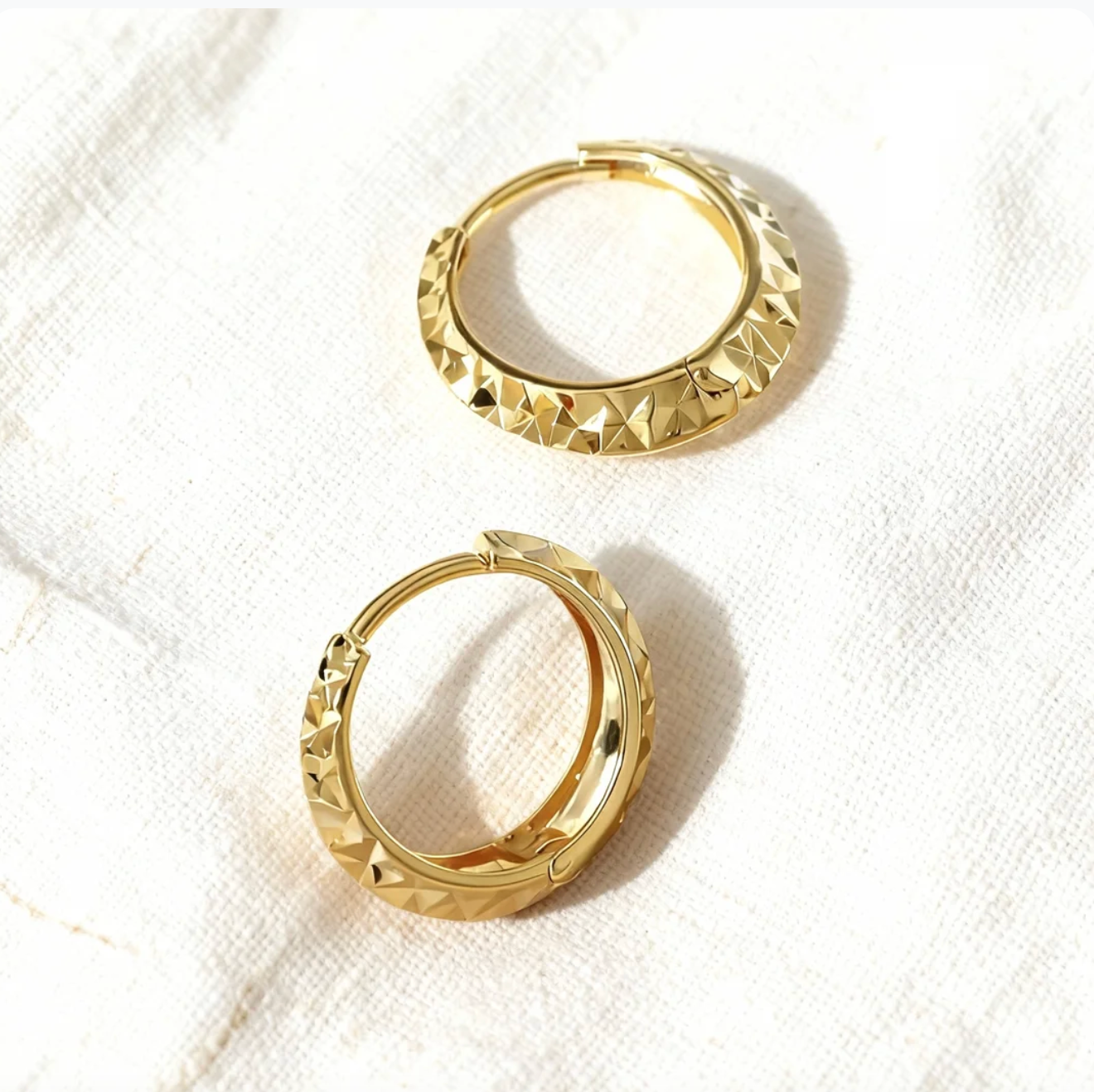 Gold textured huggie hoop earrings with diamond cut finish, minimalist jewelry for women