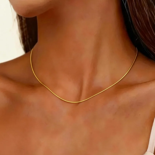 Gold thin snake chain necklace worn on neck, minimalist smooth choker jewelry for women
