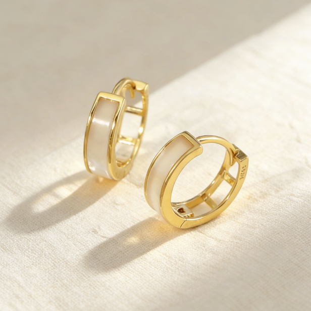 Gold white mother-of-pearl huggie hoop earrings, minimalist polished gold jewelry for women