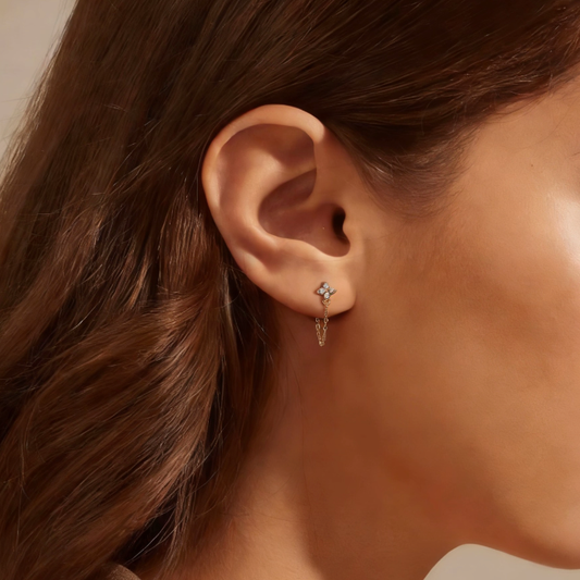Gold mini clover cubic zirconia chain earrings worn on ear, minimalist dainty cz layering jewelry for women