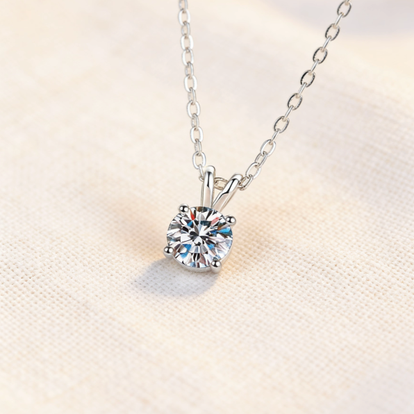Silver 4-prong moissanite solitaire pendant necklace, minimalist round brilliant moissanite jewelry for women