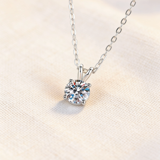 Silver 4-prong moissanite solitaire pendant necklace, minimalist round brilliant moissanite jewelry for women