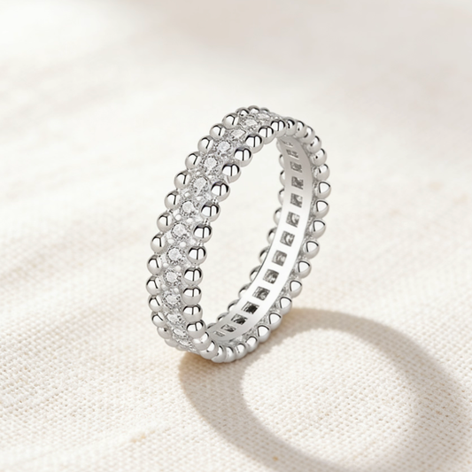 Silver beaded edge pave moissanite eternity band ring, minimalist full eternity moissanite jewelry for women