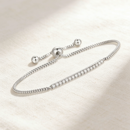 Silver box chain crystal bar slider bracelet, minimalist pavé adjustable jewelry for women