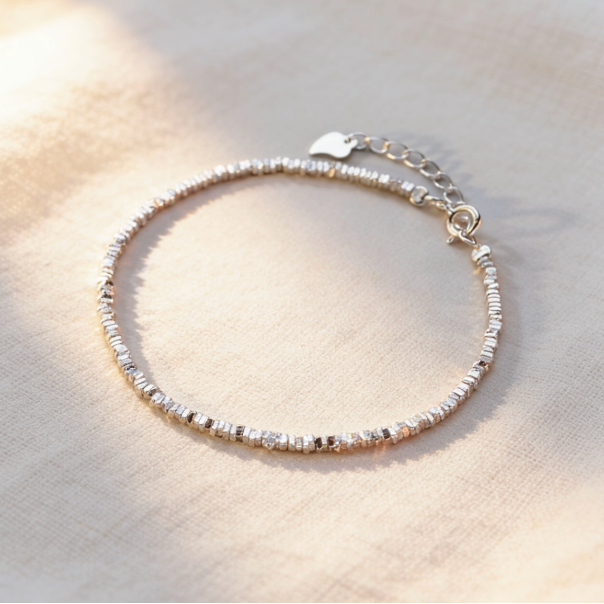 Silver break bead heart adjustable bracelet, minimalist segmented silver bead jewelry for women