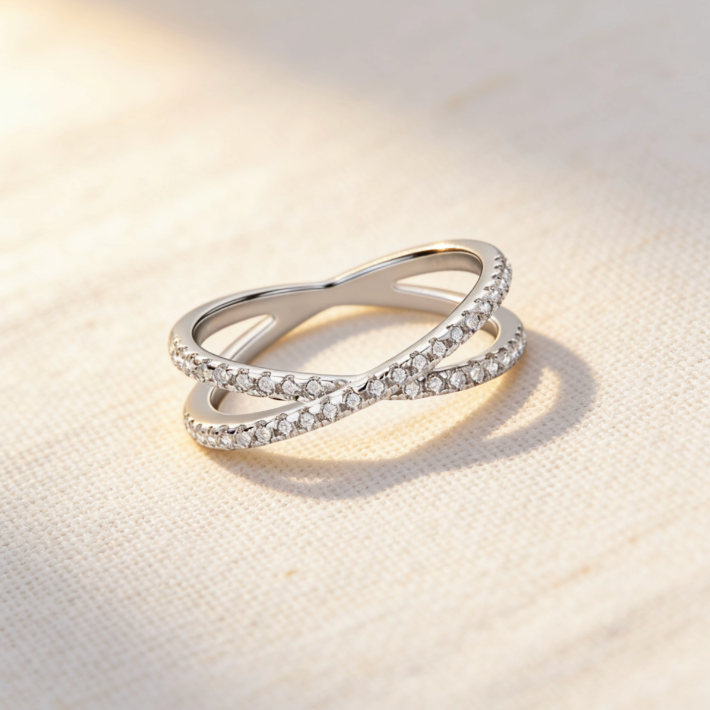 Silver crossover pave moissanite ring, minimalist double band moissanite jewelry for women
