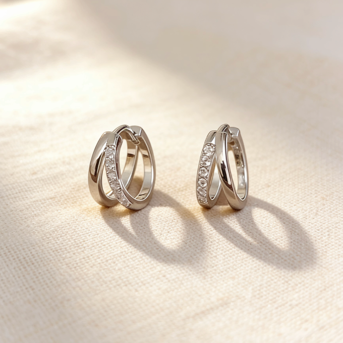Silver double hoop crossover cubic zirconia hoop earrings, minimalist pave cz crossover jewelry for women