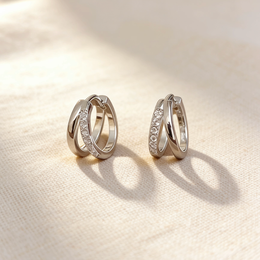 Silver double hoop crossover cubic zirconia hoop earrings, minimalist pave cz crossover jewelry for women