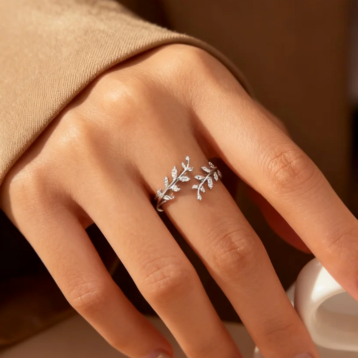 Silver double leaf crystal open ring worn on finger, delicate branch design jewelry for women