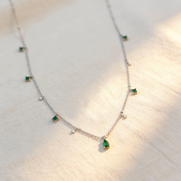 Silver emerald gemstone teardrop choker necklace, minimalist square emerald and crystal station jewelry for women