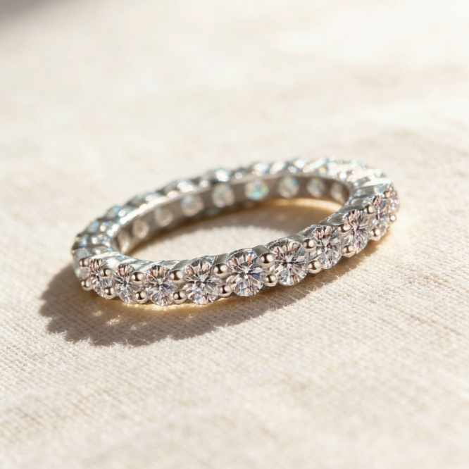 Silver full eternity moissanite band ring, minimalist pave moissanite eternity jewelry for women