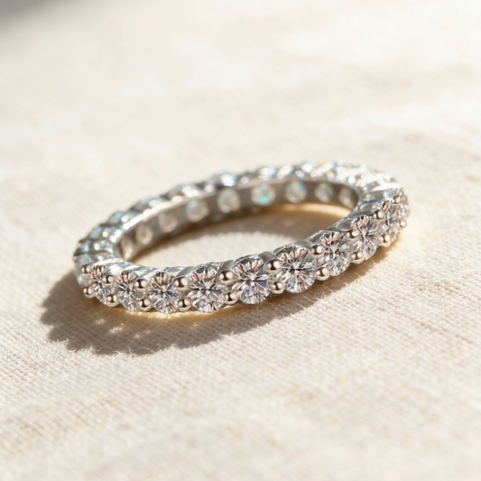 Silver full eternity moissanite band ring, minimalist pave moissanite eternity jewelry for women
