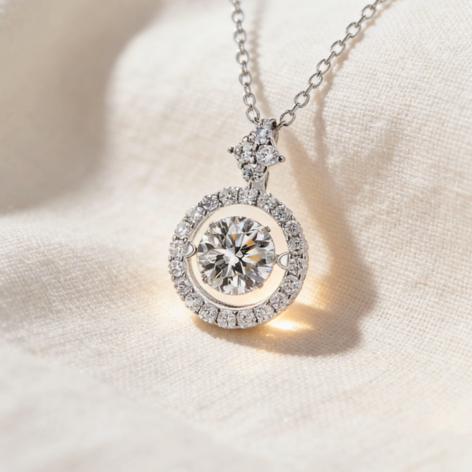 Silver halo moissanite circle pendant necklace, minimalist pave halo round moissanite jewelry for women