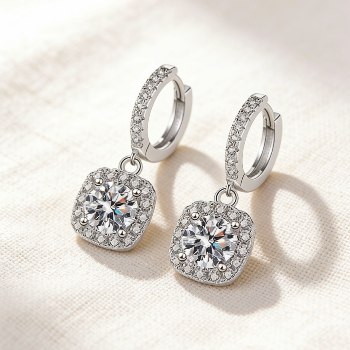 Silver halo moissanite cushion drop hoop earrings, minimalist pave halo round moissanite jewelry for women