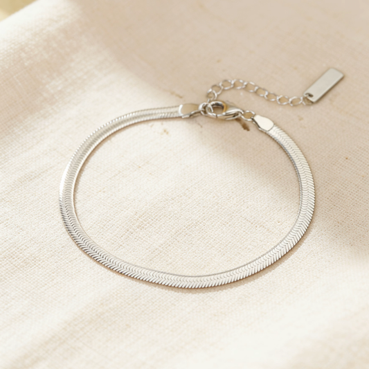 Silver herringbone chain adjustable bracelet, minimalist flat snake chain jewelry for women