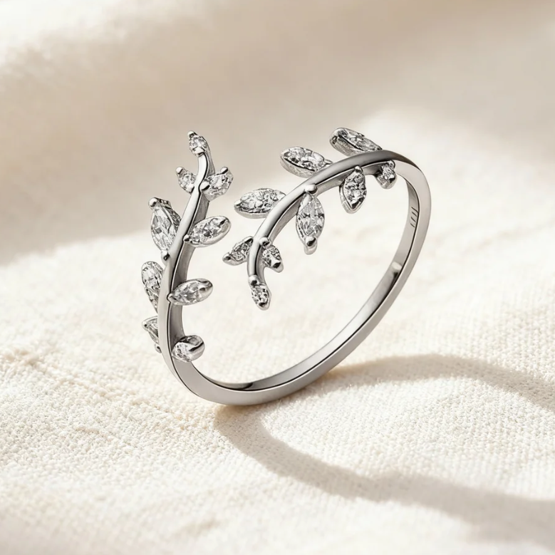 Silver leaf crystal adjustable open ring, delicate branch design jewelry for women