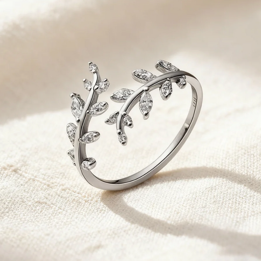 Silver leaf crystal adjustable open ring, delicate branch design jewelry for women