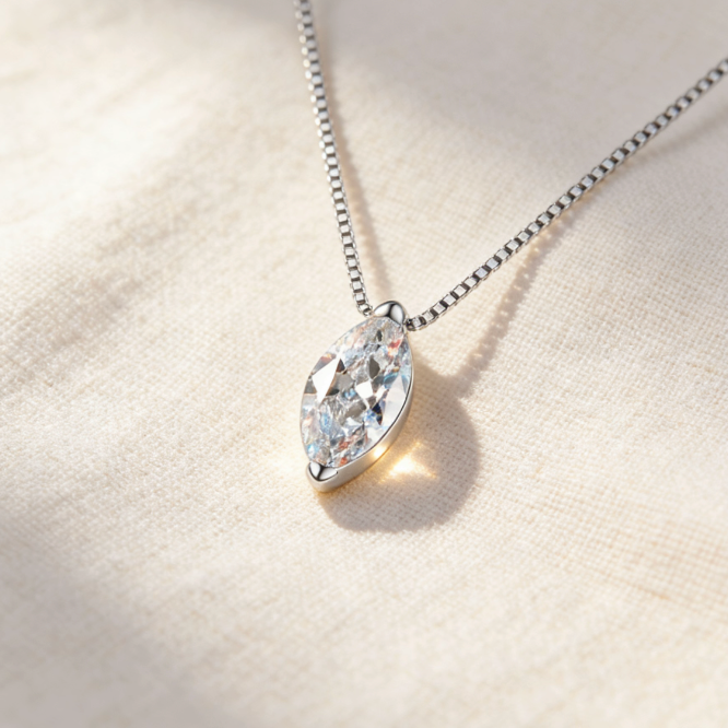 Silver marquise cut moissanite solitaire pendant necklace, minimalist half bezel marquise moissanite jewelry for women