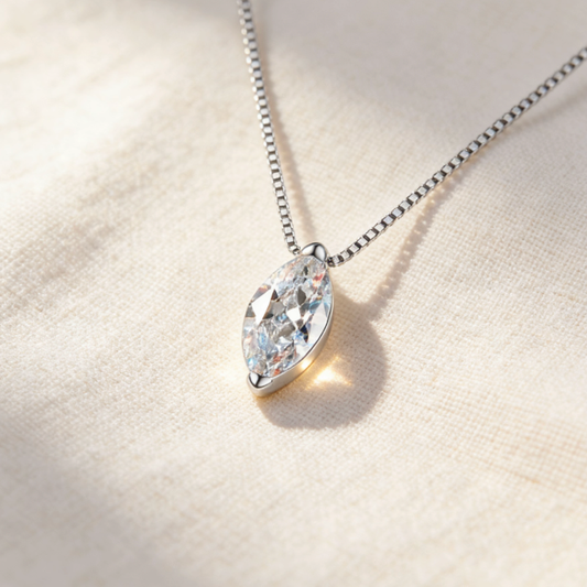 Silver marquise cut moissanite solitaire pendant necklace, minimalist half bezel marquise moissanite jewelry for women