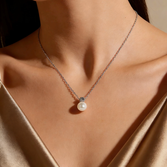 Silver mini moissanite pearl two-stone pendant necklace worn on neck, minimalist dainty moissanite layering jewelry for women