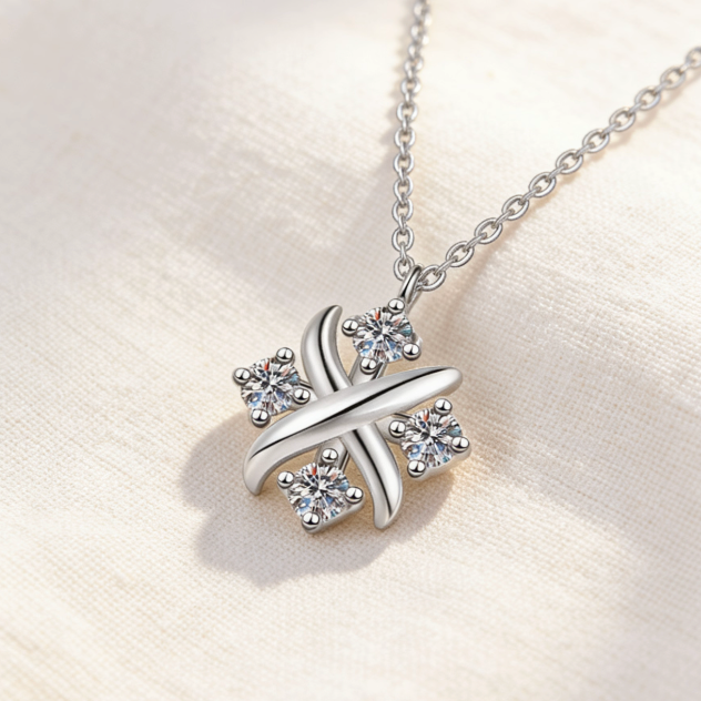 Silver moissanite criss-cross four-leaf clover necklace, minimalist X-design moissanite four-leaf clover pendant jewelry for women
