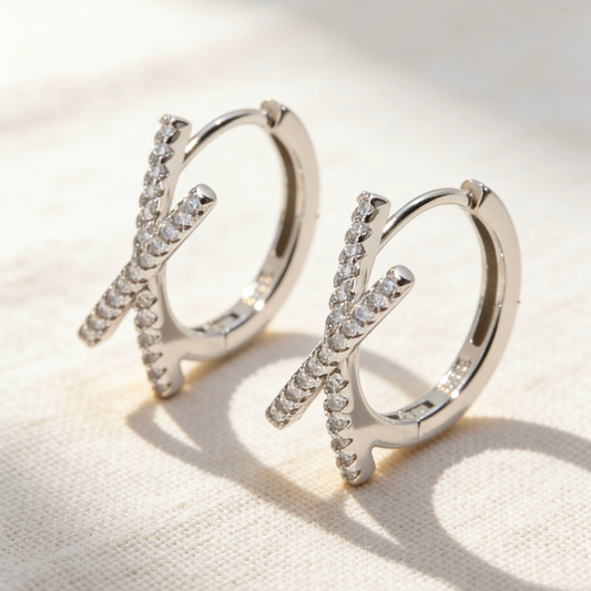 Silver moissanite criss-cross hoop earrings, minimalist moissanite X-design hoop jewelry for women