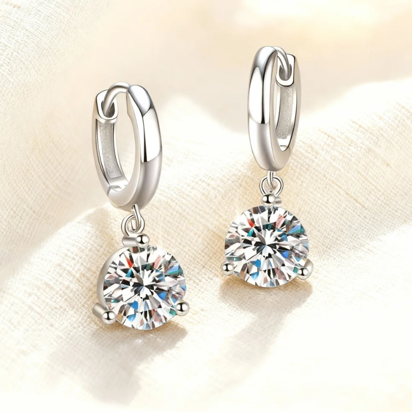 Silver moissanite huggie drop earrings, sparkling round cut dangle jewelry for women