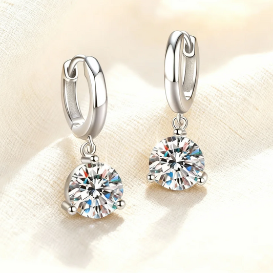 Silver moissanite huggie drop earrings, sparkling round cut dangle jewelry for women