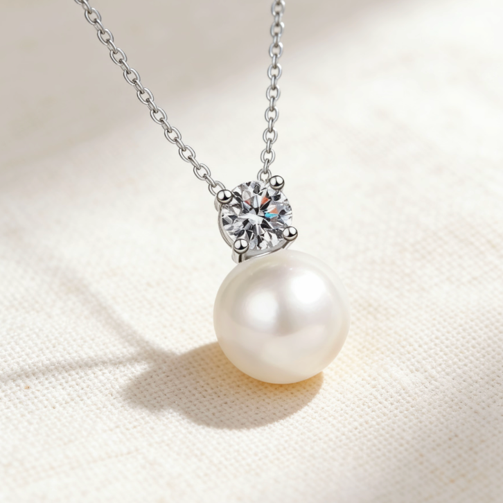 Silver moissanite pearl two-stone pendant necklace, minimalist round moissanite and pearl drop jewelry for women