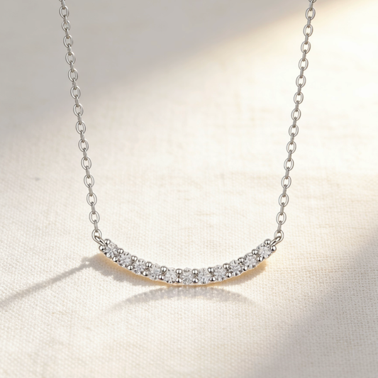 Silver moissanite smile necklace, minimalist curved bar pave moissanite pendant jewelry for women