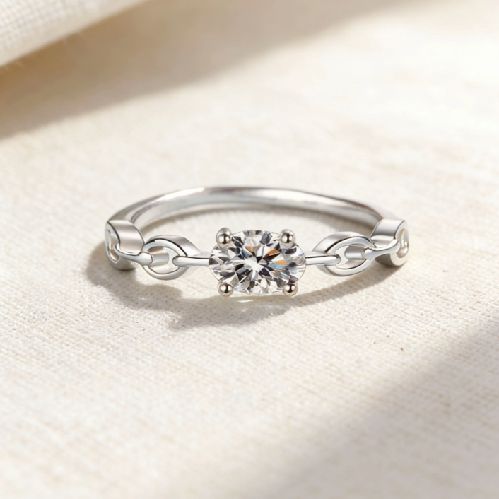 Silver oval moissanite link chain ring, minimalist 4-prong oval moissanite jewelry for women