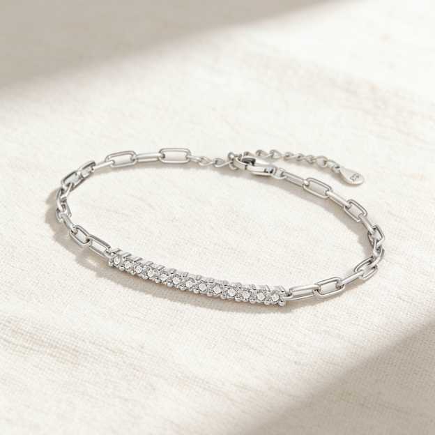 Silver paperclip chain crystal bar bracelet, minimalist pavé link jewelry for women