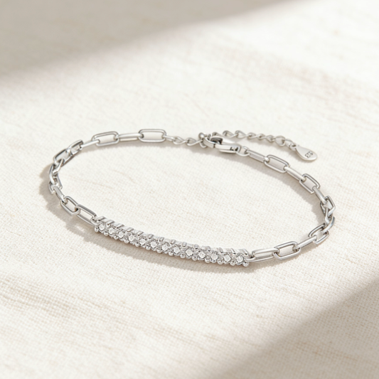 Silver paperclip chain crystal bar bracelet, minimalist pavé link jewelry for women