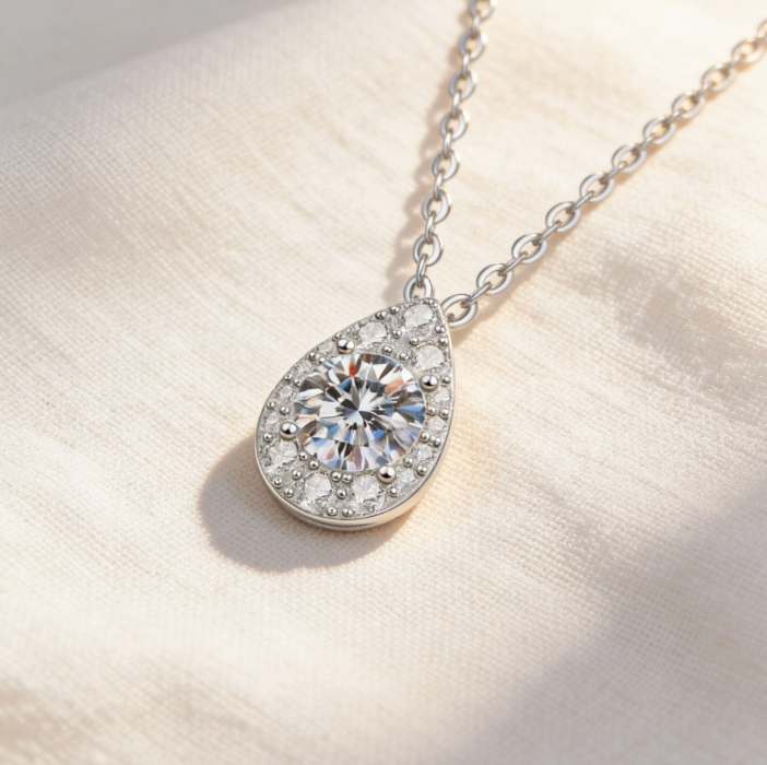 Silver pear-shaped halo moissanite pendant necklace, minimalist round moissanite pear halo jewelry for women