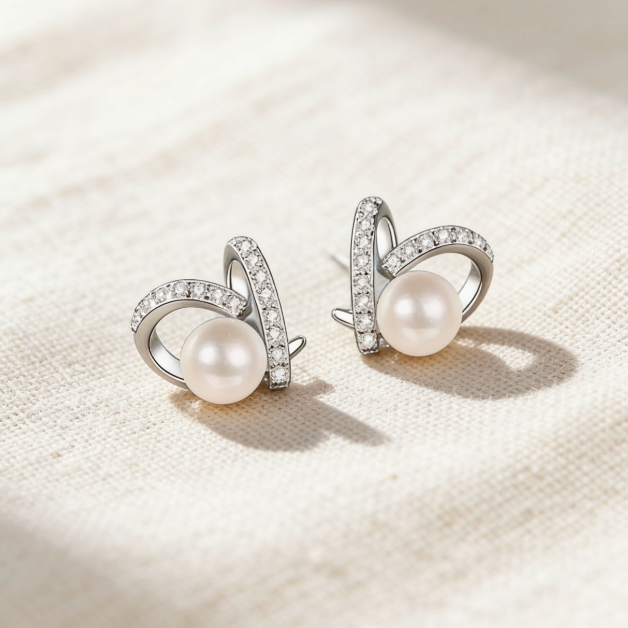 Silver pearl & moissanite heart stud earrings, minimalist dainty heart jewelry for women