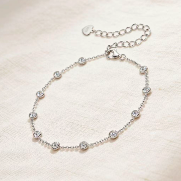 Silver round crystal by-the-yard bracelet with heart charm, minimalist station chain jewelry for women